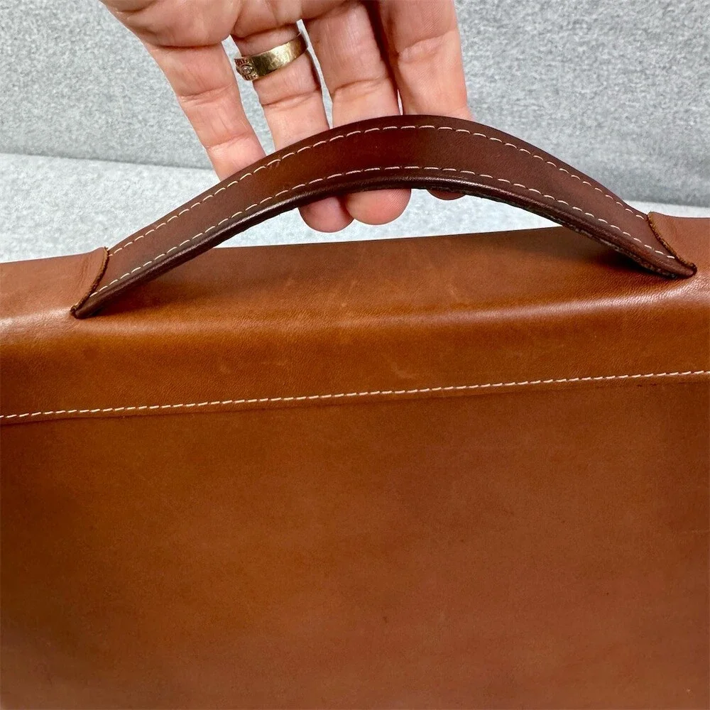 Vintage Brown Leather Portfolio Briefcase Document Case Top Handle Zip Closure